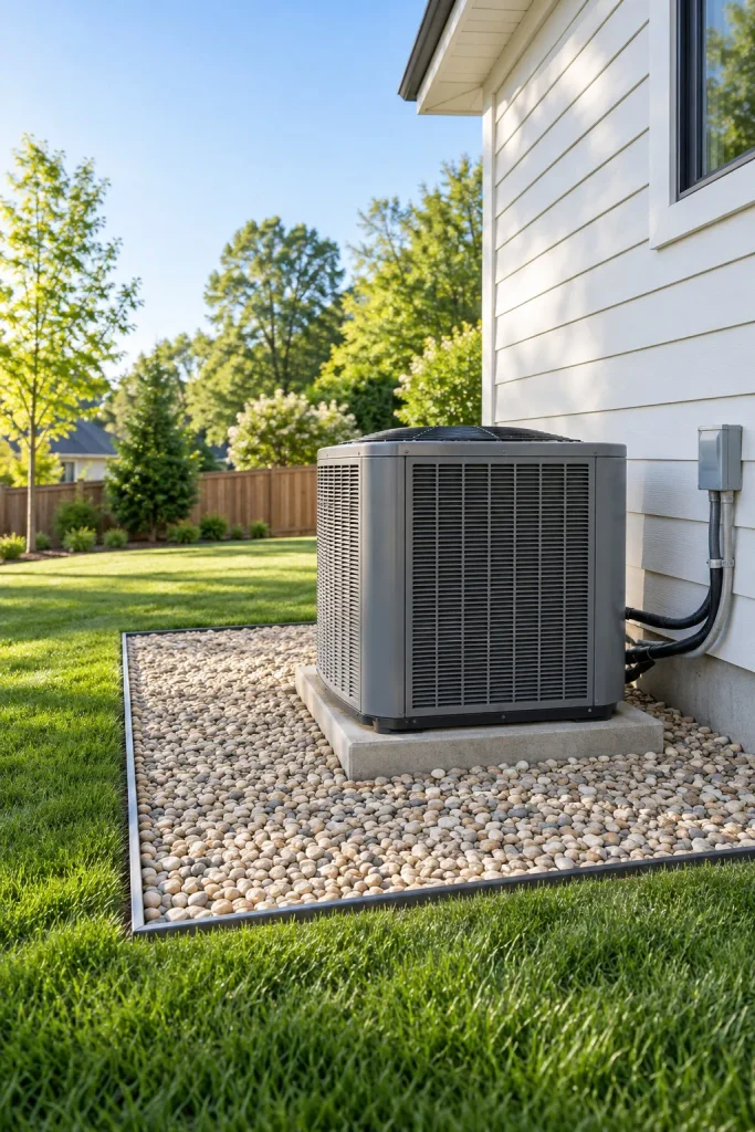 Gray outdoor AC unit on a concrete pad within a pale gravel border edged beside a lawn.