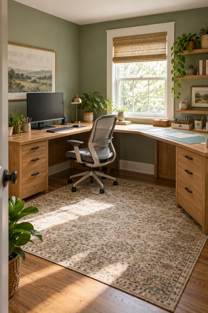 L-shaped oak desk with a computer on one wing and a paper-crafting surface on the other in a sage green room.