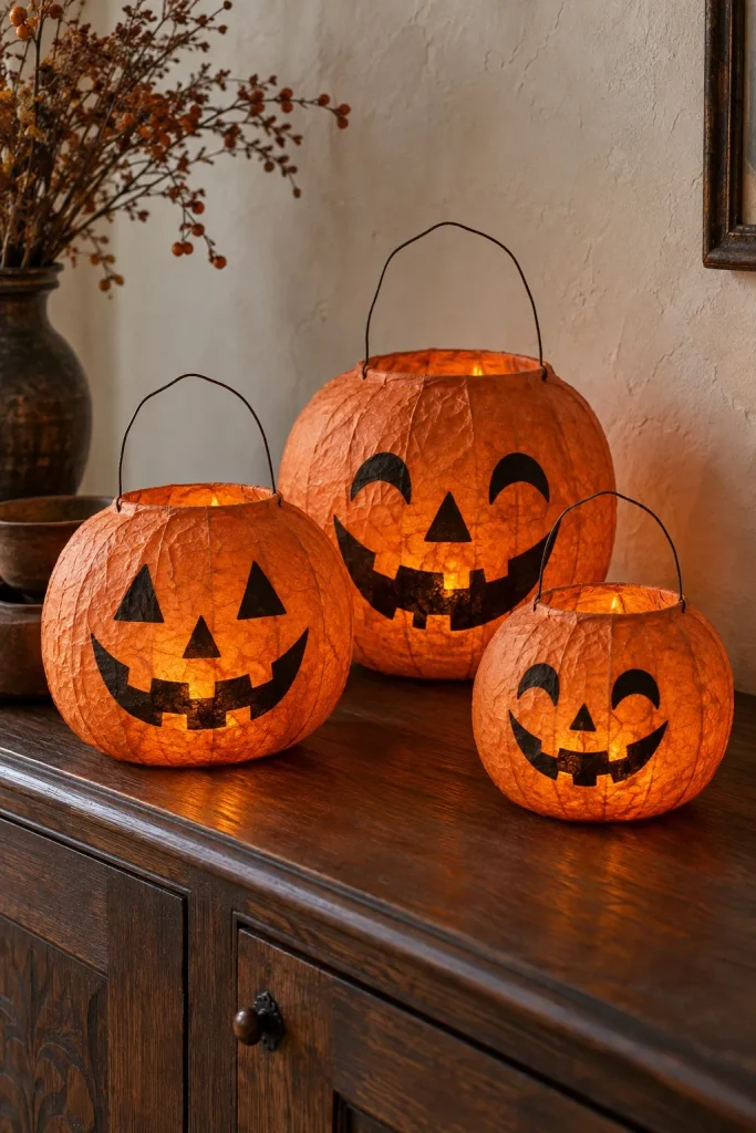 Three orange paper mache jack-oâ€™-lanterns with wire handles on a dark wood sideboard.
