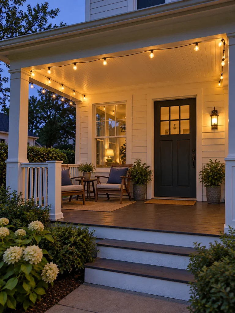 Warm globe string lights follow the ceiling of a white covered porch with wooden chairs.
