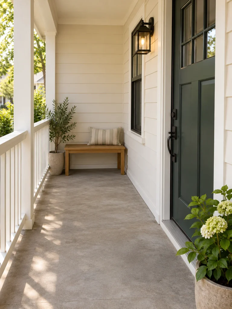 Wood bench with a striped cushion at the end of a narrow cream porch beside a dark green door.