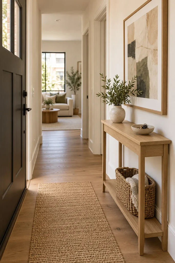 Slim light oak console with a key bowl and woven basket beside an apartment front door.