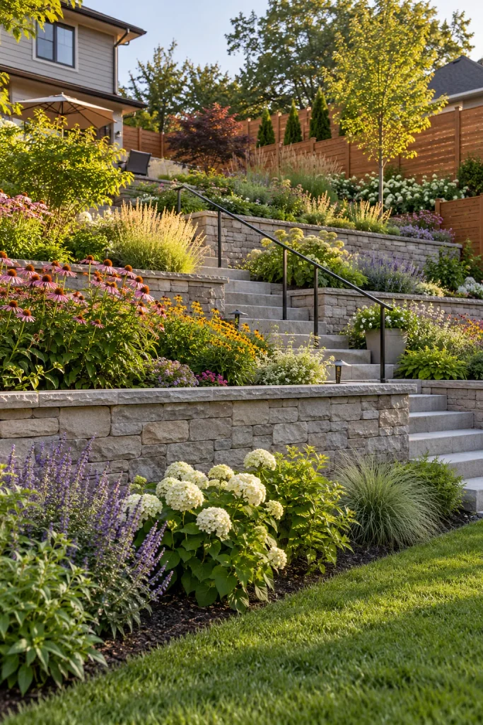 Three planted terraces supported by gray stone walls with a central staircase and black handrail.