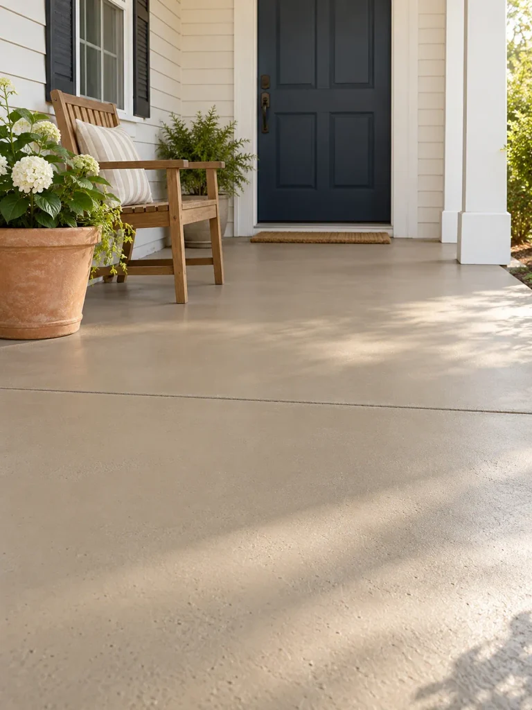 Warm greige concrete porch floor with a wooden chair, terra-cotta planter, and dark blue front door.