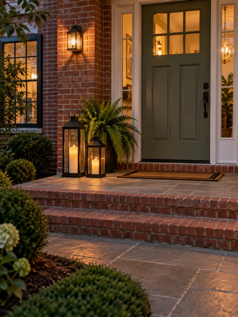 Two black lanterns with glowing pillar candles stand beside a sage green front door.