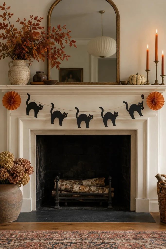 Black cat silhouettes strung between orange paper fans across a cream fireplace mantel.
