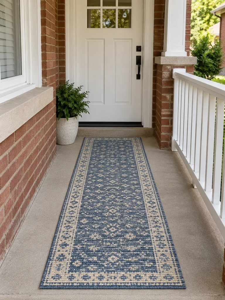 Blue and ivory outdoor runner on a narrow concrete porch with brick walls and a white front door.