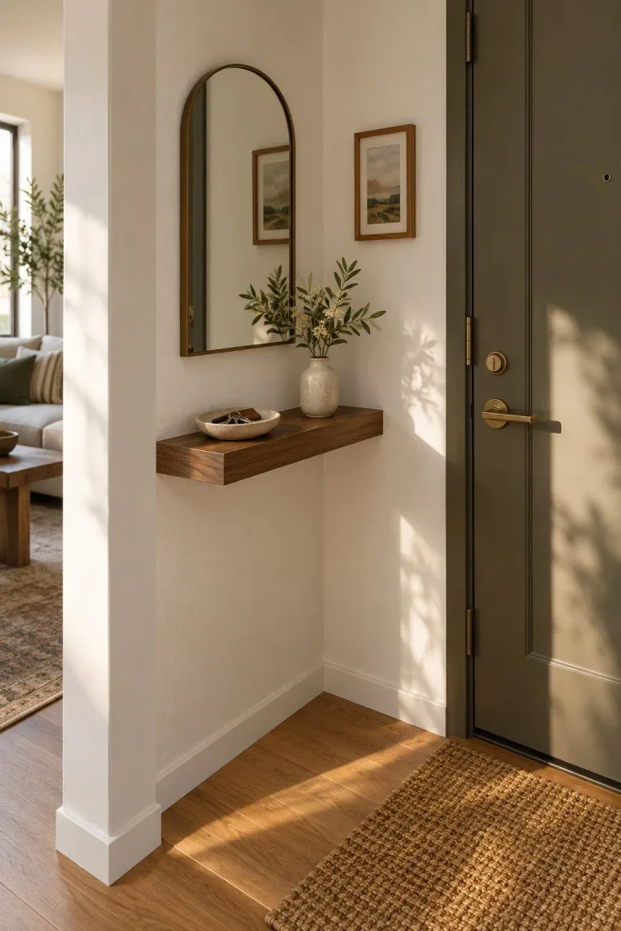 Floating walnut shelf with a key dish and ceramic vase beneath an arched mirror beside a dark door.