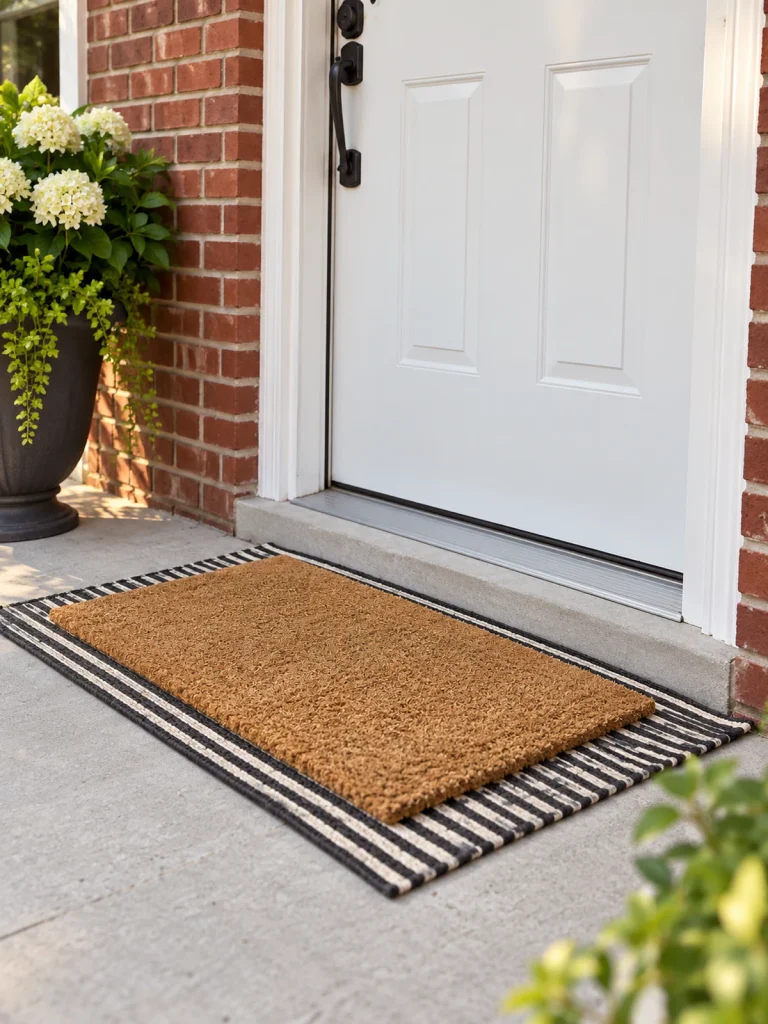 Plain coir doormat layered over a black and cream striped mat beside a white door.