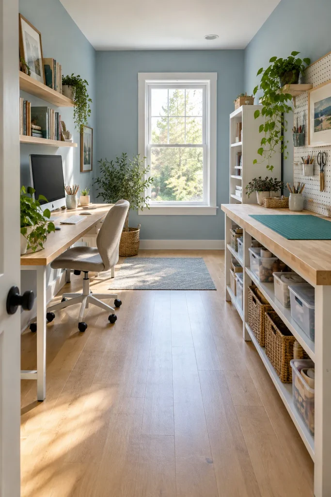 Computer desk and craft workbench on opposite walls with an open aisle between them.