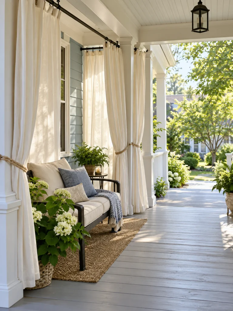 Cream curtains framing a cushioned bench on a pale blue covered porch.