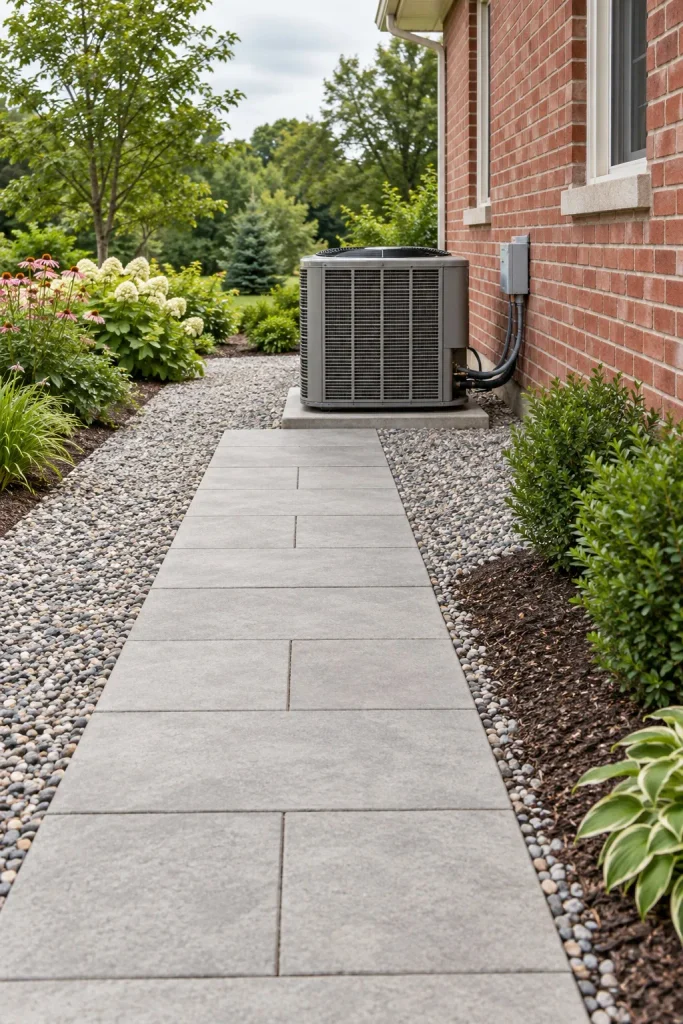 Concrete paver path leading to an outdoor AC unit beside a brick house, with gravel and a distant flower bed.
