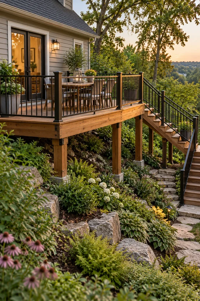 A cedar dining deck on posts above a planted slope with black railings and stairs to the lower garden.
