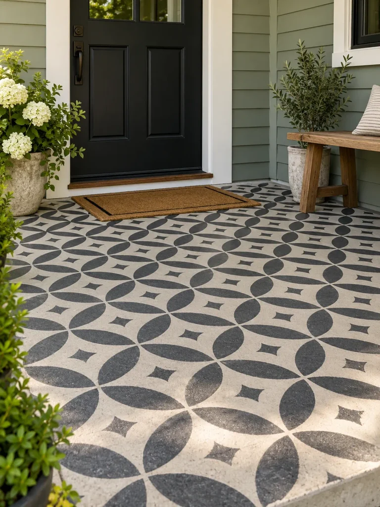 Black and ivory geometric stencil pattern on a concrete porch beside sage siding and a black door.