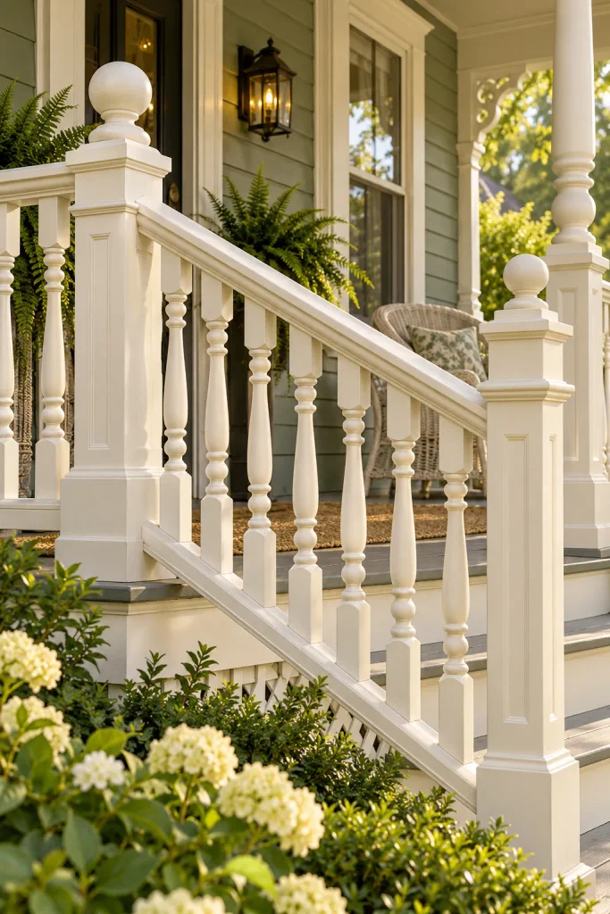 Cream turned-spindle railing with capped square posts on a traditional covered porch.