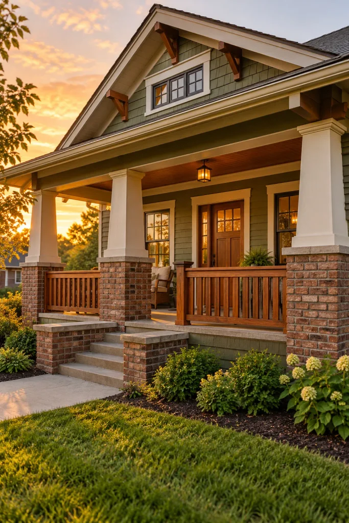 Wide stained-wood balusters in framed railing panels between brick-based Craftsman porch columns.