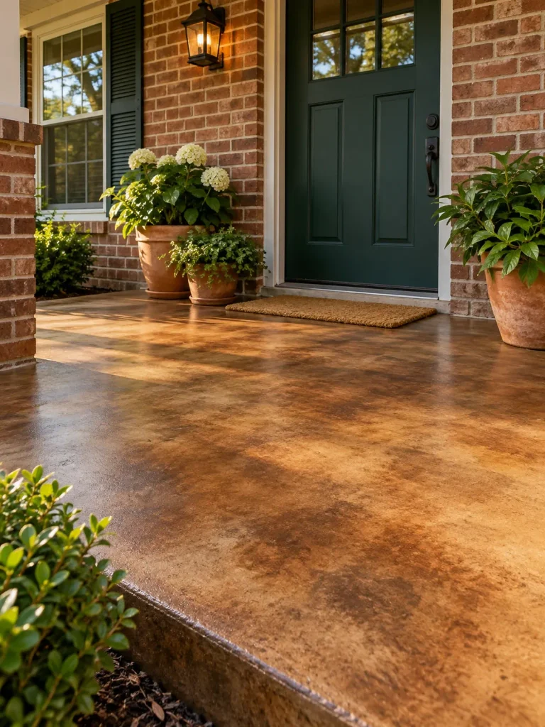 Mottled brown stained concrete porch with terra-cotta pots and a dark green door against brick walls.