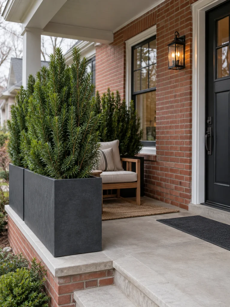 Tall evergreen shrubs in charcoal planters screening a chair on a brick porch.