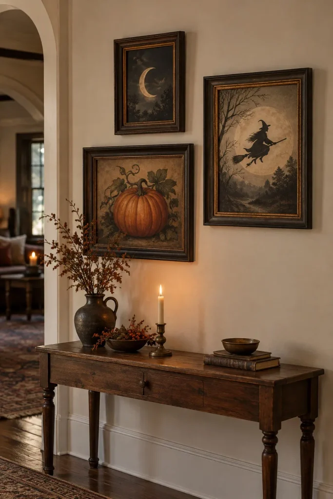 Framed moon, pumpkin, and witch artwork arranged above a narrow wood console.
