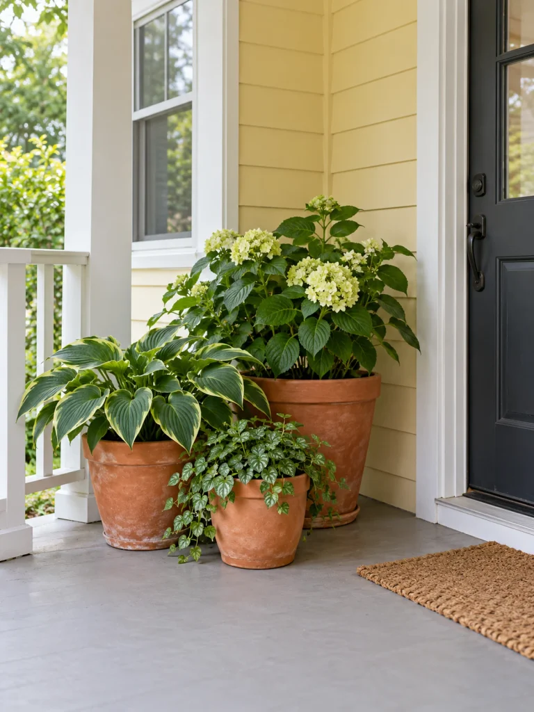 Three terracotta pots with leafy plants and pale flowers in a yellow porch corner.