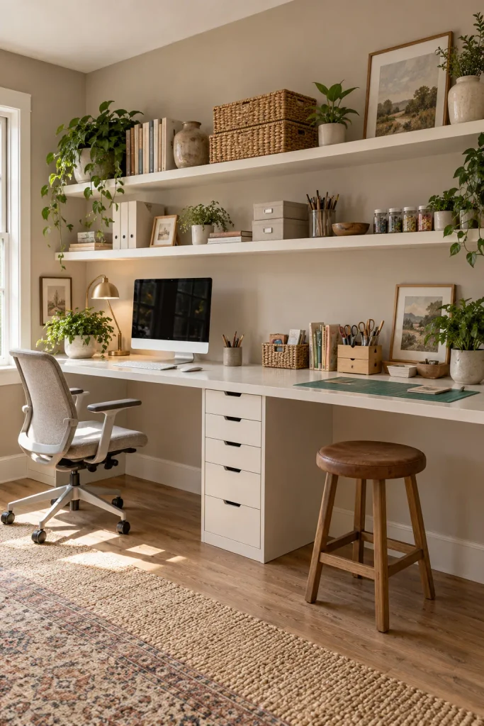 Long white counter divided into a computer station and a paper-crafting station beneath wall shelves.