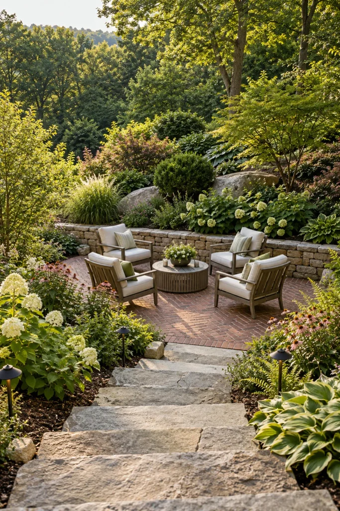 A level brick patio with four outdoor chairs at the foot of a planted backyard hill.