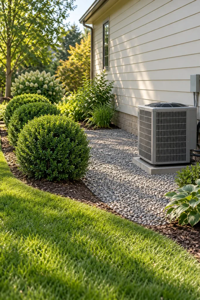 Rounded evergreen shrubs offset from a gray AC unit with an open gravel corridor between them.
