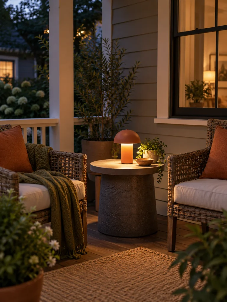 A terracotta-colored cordless table lamp lights a table between woven porch chairs.