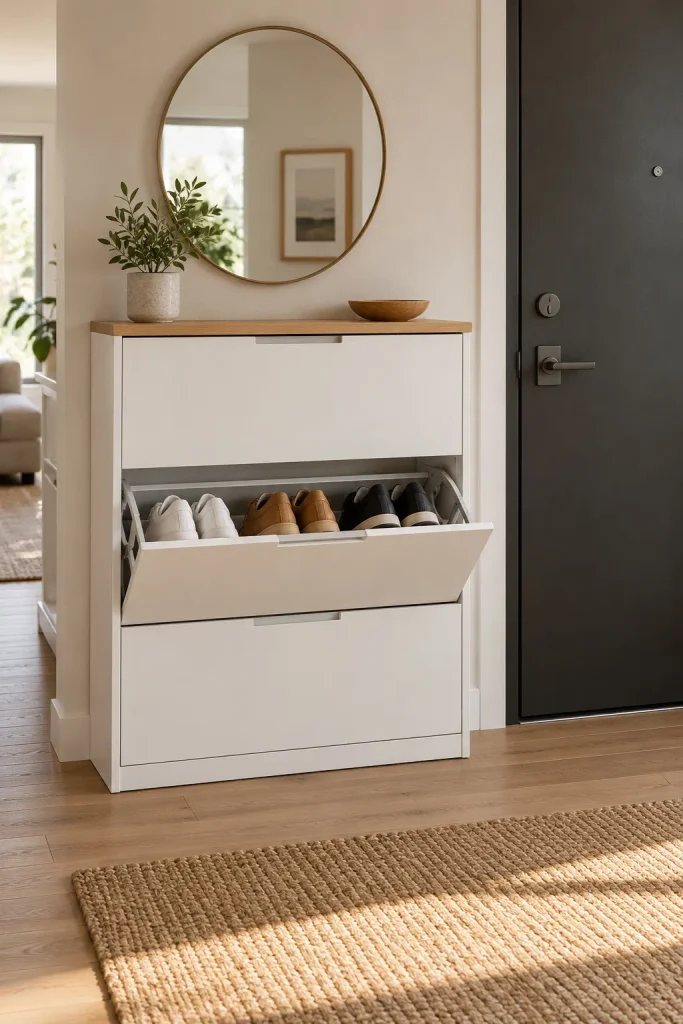White flip-front shoe cabinet with an open compartment of shoes and a round mirror above.