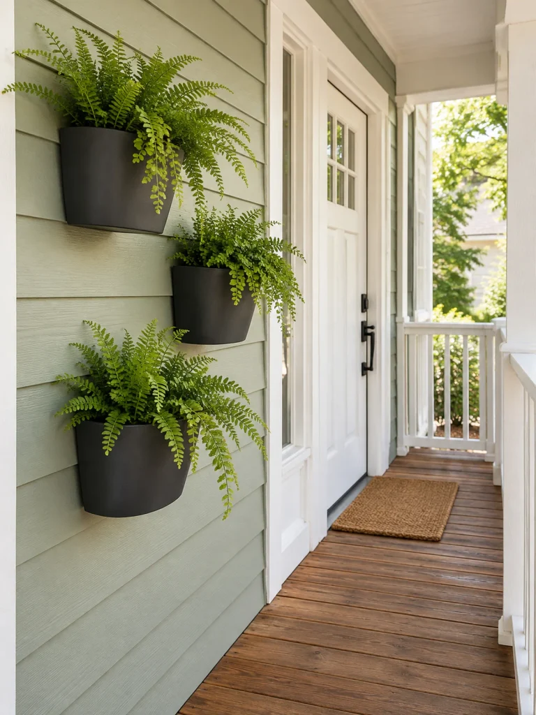 Three charcoal wall planters filled with ferns beside a white door on a narrow sage-green porch.