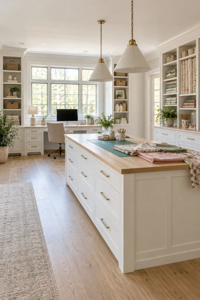 Central craft island with drawers and a separate computer desk against the back wall.