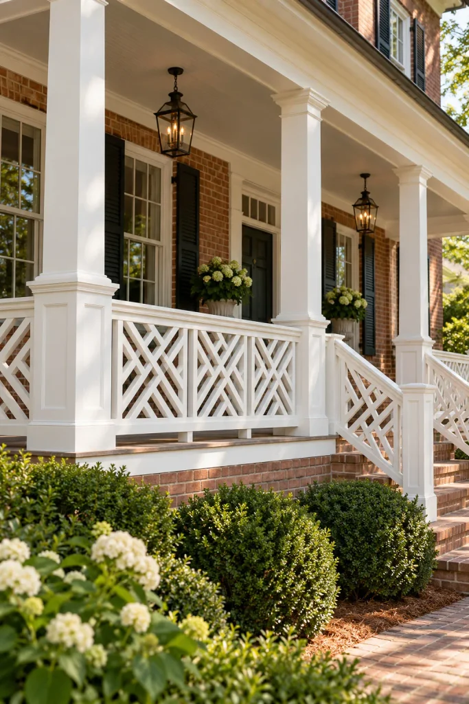 White diagonal Chippendale fretwork panels across a covered porch on a brick house.