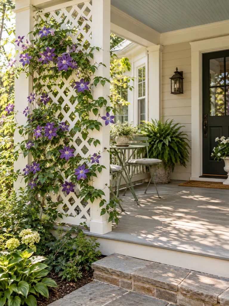 Purple flowering vines climbing white lattice beside a porch bistro set.