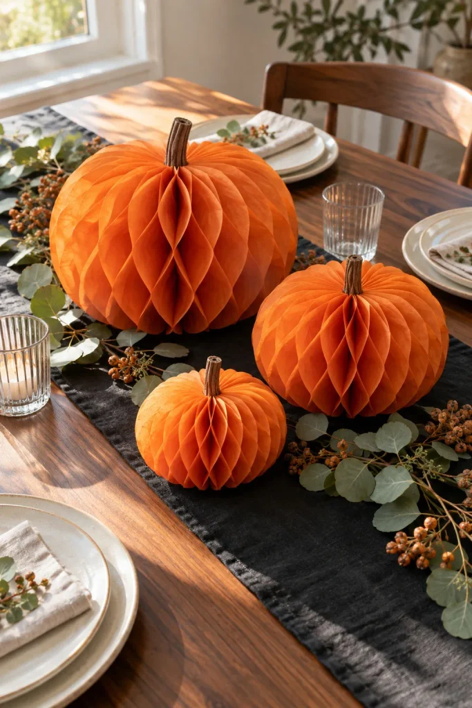 Three orange honeycomb paper pumpkins on a dark runner with cream dinner plates.
