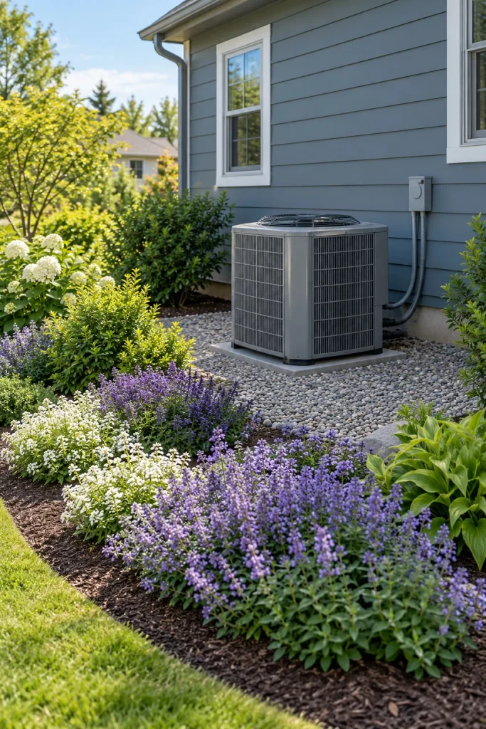 Curved purple-and-white flower border in front of an open gravel area and an AC unit beside blue-gray siding.
