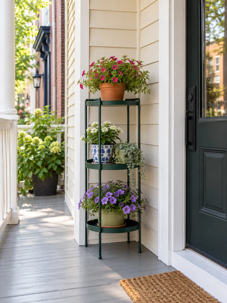Narrow green metal plant stand holding colorful flowerpots beside a dark front door.