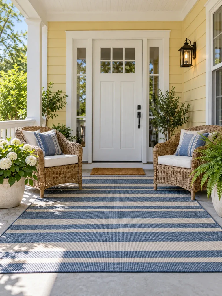 Blue and cream striped outdoor rug between two wicker chairs on a yellow house porch.