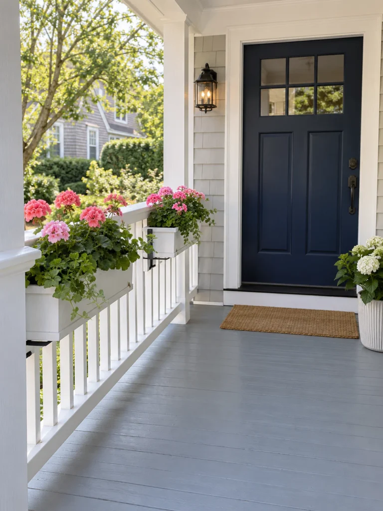 White railing planter boxes filled with pink flowers on a narrow porch with a navy door.