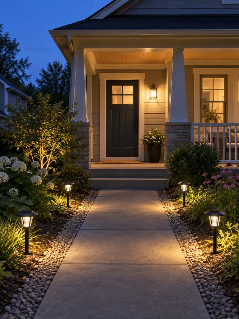 Four black solar path lights border a concrete walkway leading to a covered front porch.
