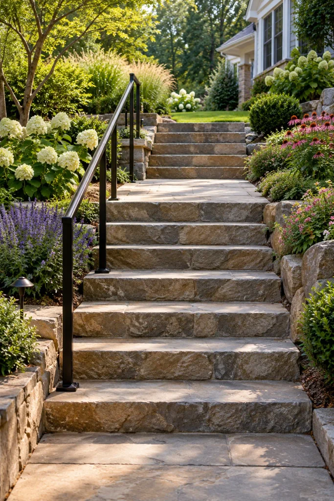 A straight stone garden staircase with broad treads and a black handrail between sloping flower beds.