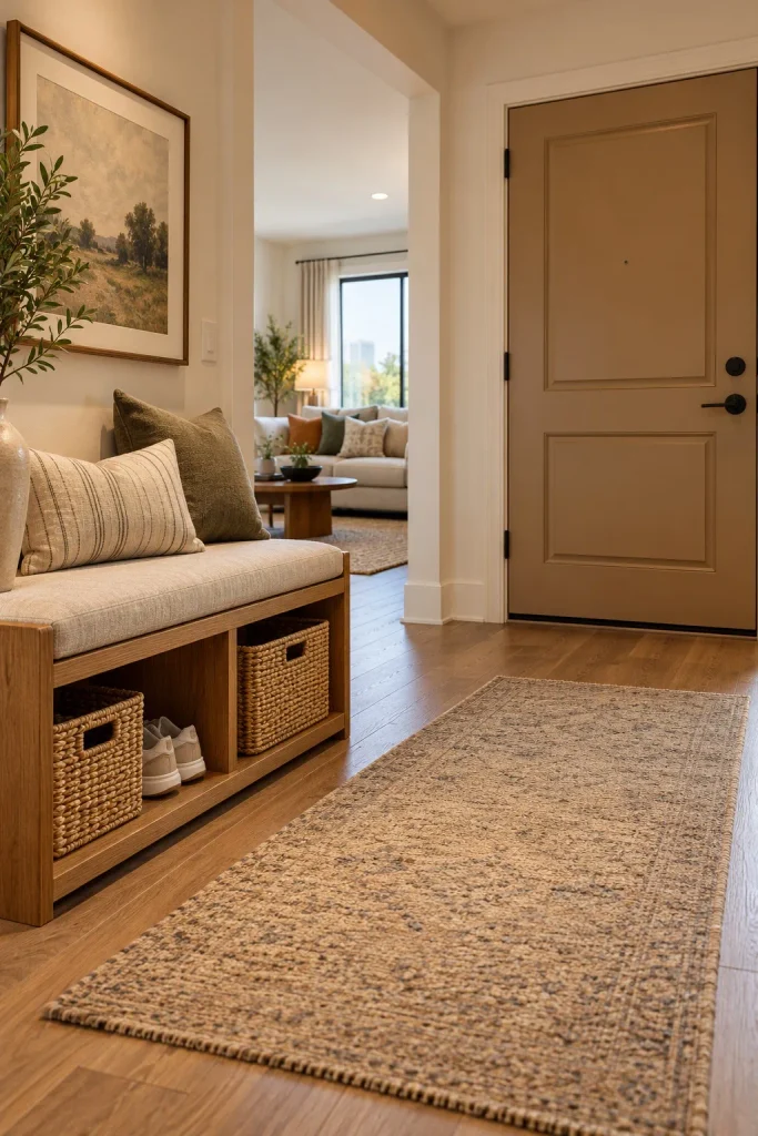 Oak entry bench with a cushioned seat, woven storage baskets, and shoes in an open cubby.