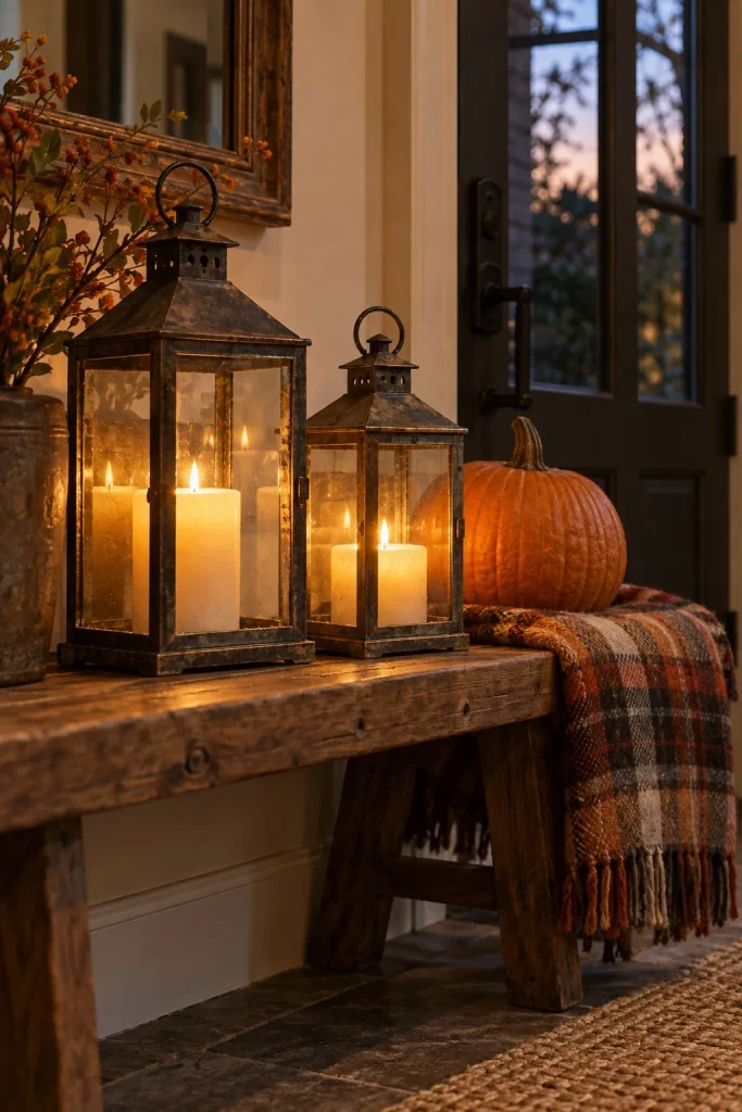Two dark metal lanterns glowing beside a pumpkin and plaid blanket on a wooden bench.
