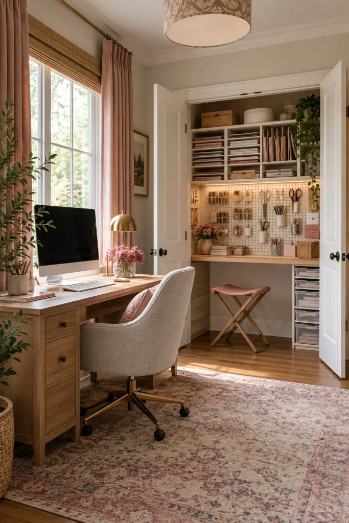 Open closet containing a craft worktop, shelves, and tool storage beside a home office desk.