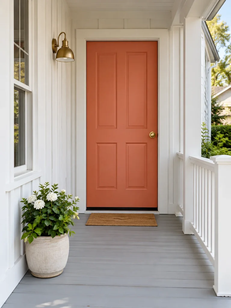 Coral front door with brass hardware, white siding, and a coir mat on a narrow porch.