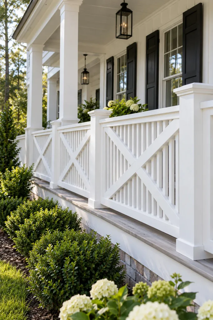 White farmhouse X-brace railing with narrow vertical infill behind the diagonal boards.