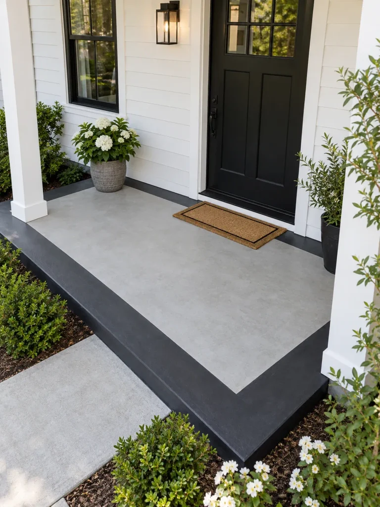 Charcoal painted border surrounding a light gray concrete porch beside a black front door.