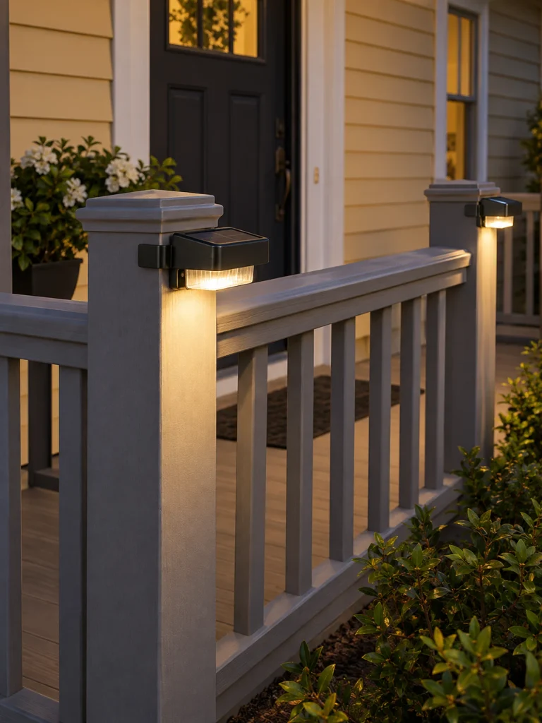 Clamp-mounted solar lights cast a warm glow down gray porch railing posts.