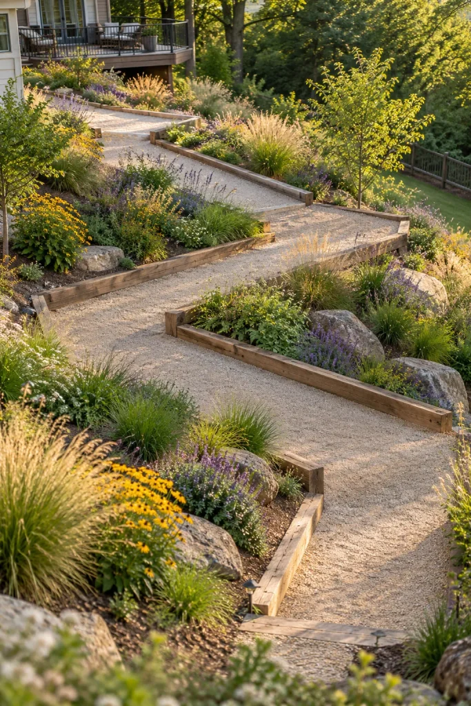 A wide crushed-stone path zigzags across a planted hillside with broad turns and timber edging.