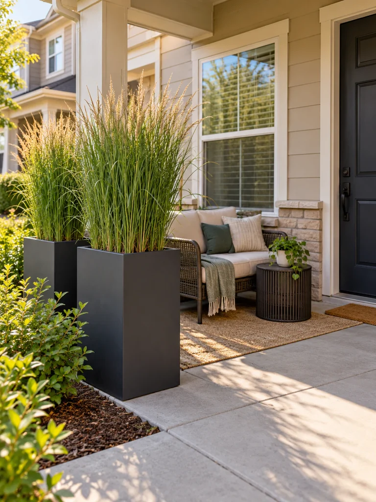 Tall ornamental grasses in charcoal planters beside a small porch seating area.
