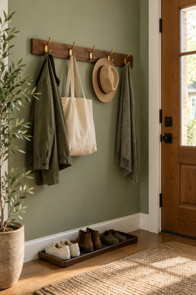 Brass hooks on a walnut rail holding a jacket, canvas tote, hat, and scarf above a shoe tray.